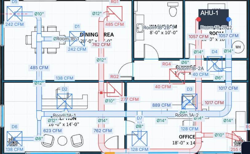 A connected duct design with terminal airflow and size labels