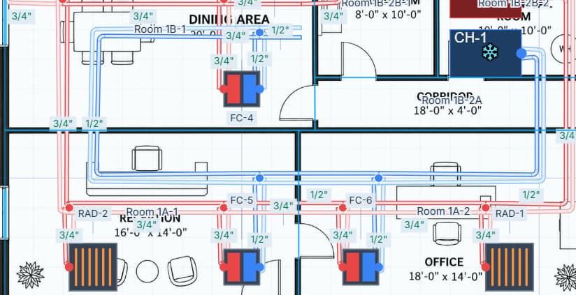 Hydronic piping and terminal connections; this view does not depict the article calculation example