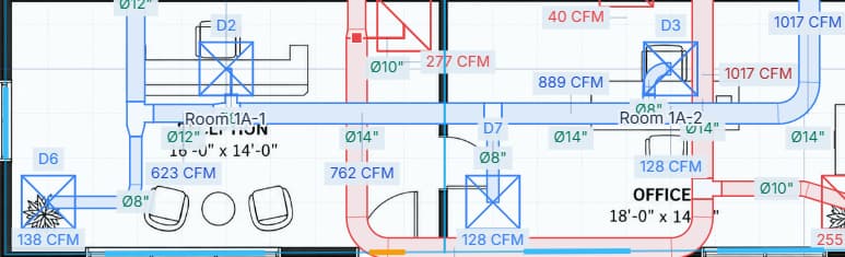 Main duct runs and terminal branches with CFM and diameter labels