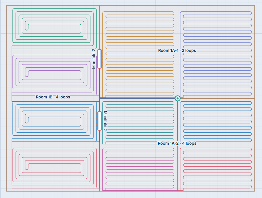 MEPFlow underfloor heating plan with colour-coded spiral and serpentine loops serving three rooms and two manifolds