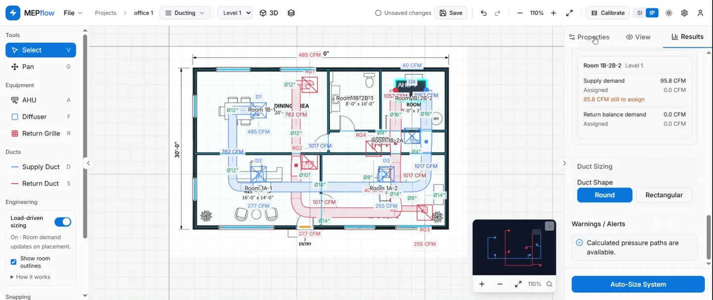 Load-driven HVAC ductwork walkthrough preview
