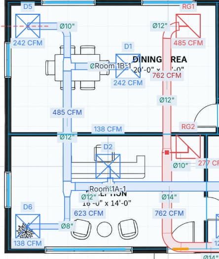 Supply and return layout with CFM and duct-size labels in dining and reception rooms