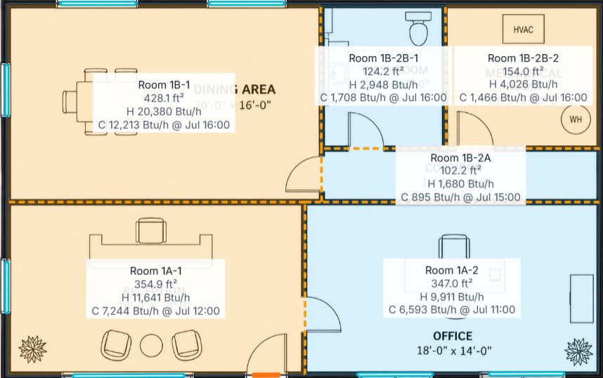Traced rooms labelled with area, heating demand and cooling demand