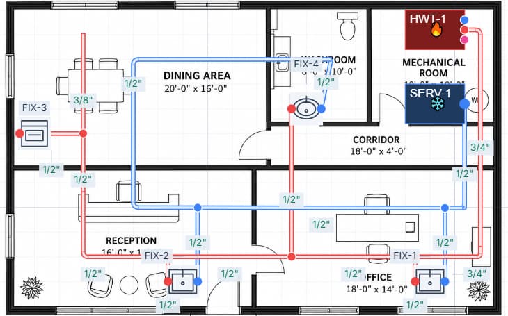 Fixtures and equipment connected by hot and cold water piping with size labels