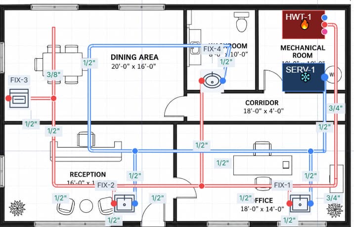 Domestic-water example plan with fixture connections and pipe sizing