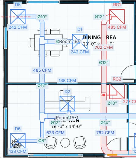 Supply diffusers and return grilles connected by labelled ductwork in dining and reception spaces