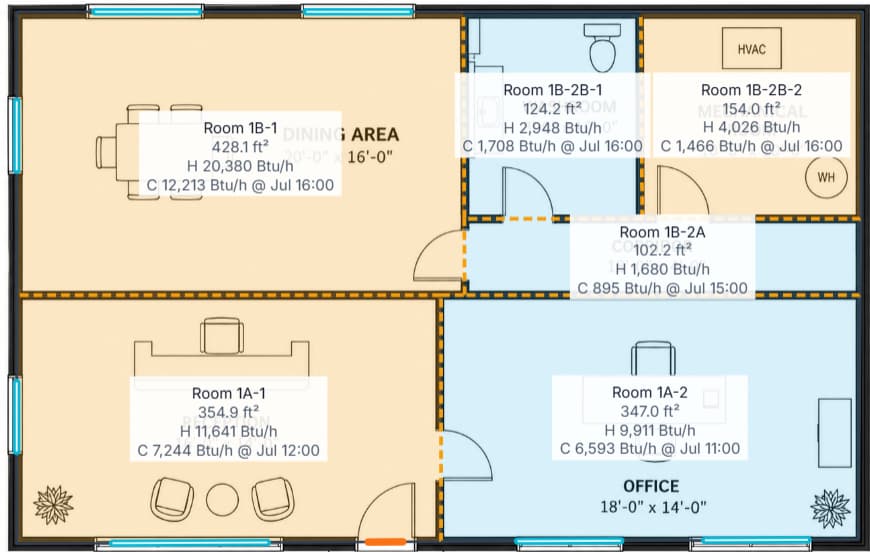 Room-by-room load labels on the traced office floor plan
