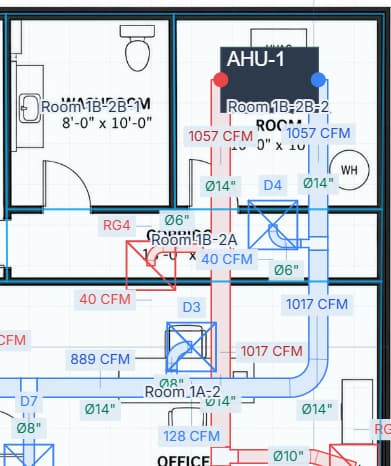 AHU-1 and nearby supply and return branches with airflow and duct-size labels
