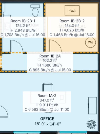 Four adjoining spaces with heating and cooling results, partitions and windows
