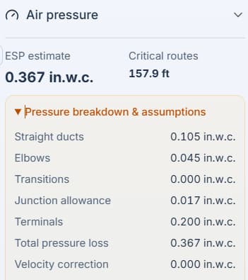 Estimated ESP and critical-route length above individual duct, elbow, junction and terminal pressure losses
