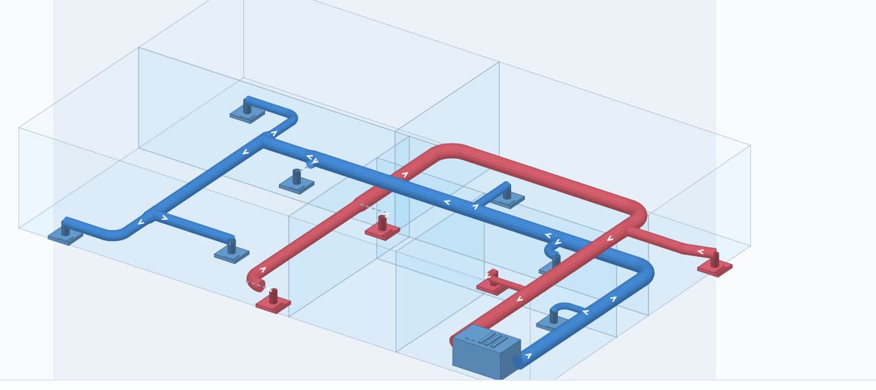 Supply and return duct routes shown in the 3D room model