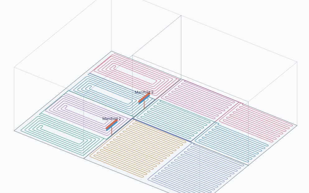 MEPFlow 3D radiant floor heating layout with colour-coded pipe circuits, two manifolds and room boundaries